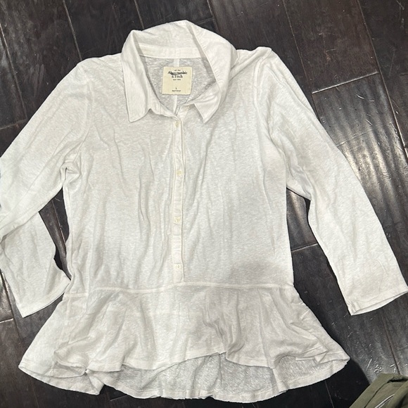 Abercrombie & Fitch L white long sleeve pullover Button-Up Shirt peplum - Picture 3 of 6
